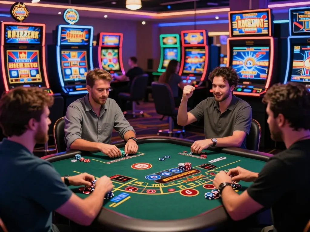 Exciting gem88 online gaming scene with players engaged in baccarat, vibrant graphics, and neon lights.
