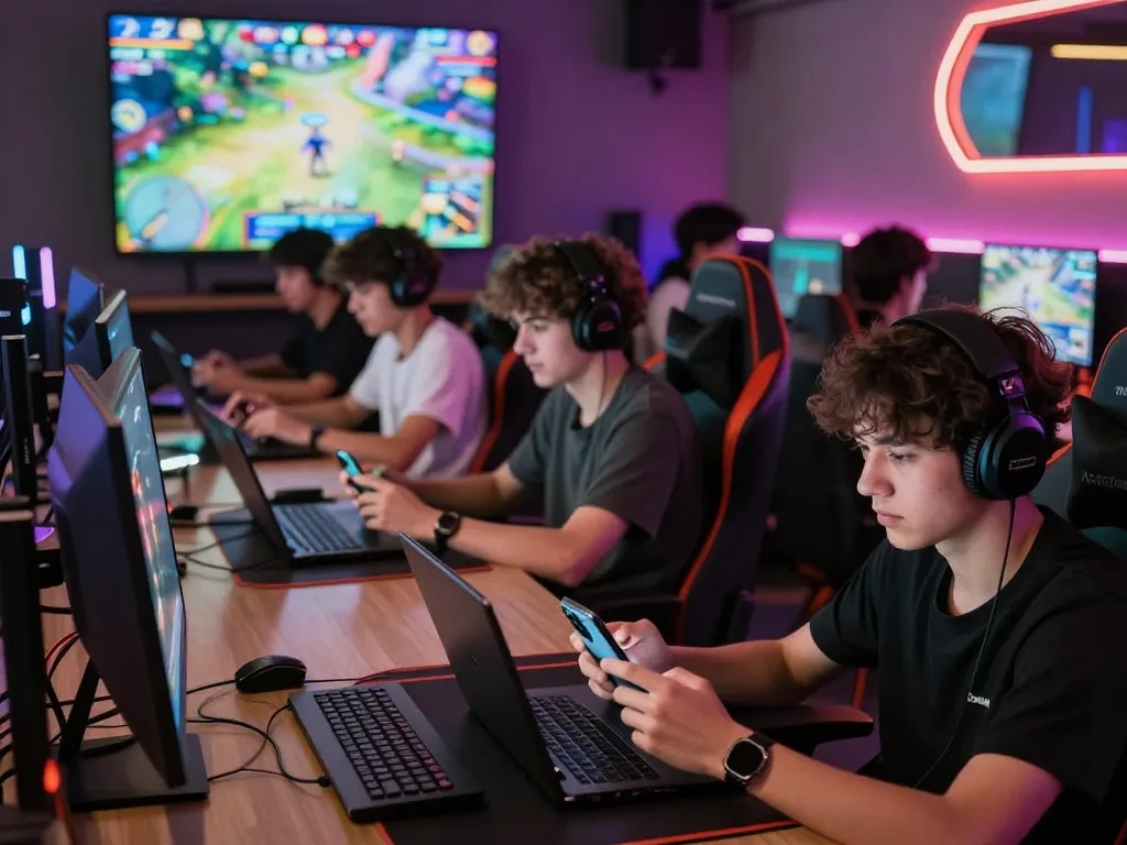 Exciting gaming environment where players download tải sunwin on various devices in a modern lounge.