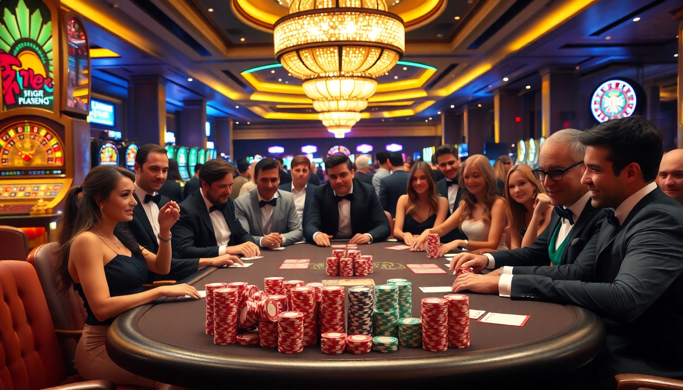 Experience thrilling poker action at 7mcn with vibrant chips and excited players in a luxury casino setting.