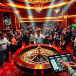 Experience the excitement of km1888b with gamblers enjoying games at a luxurious casino.