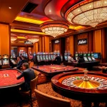 Players engaging in lively betting at Fabet’s luxurious casino tables.