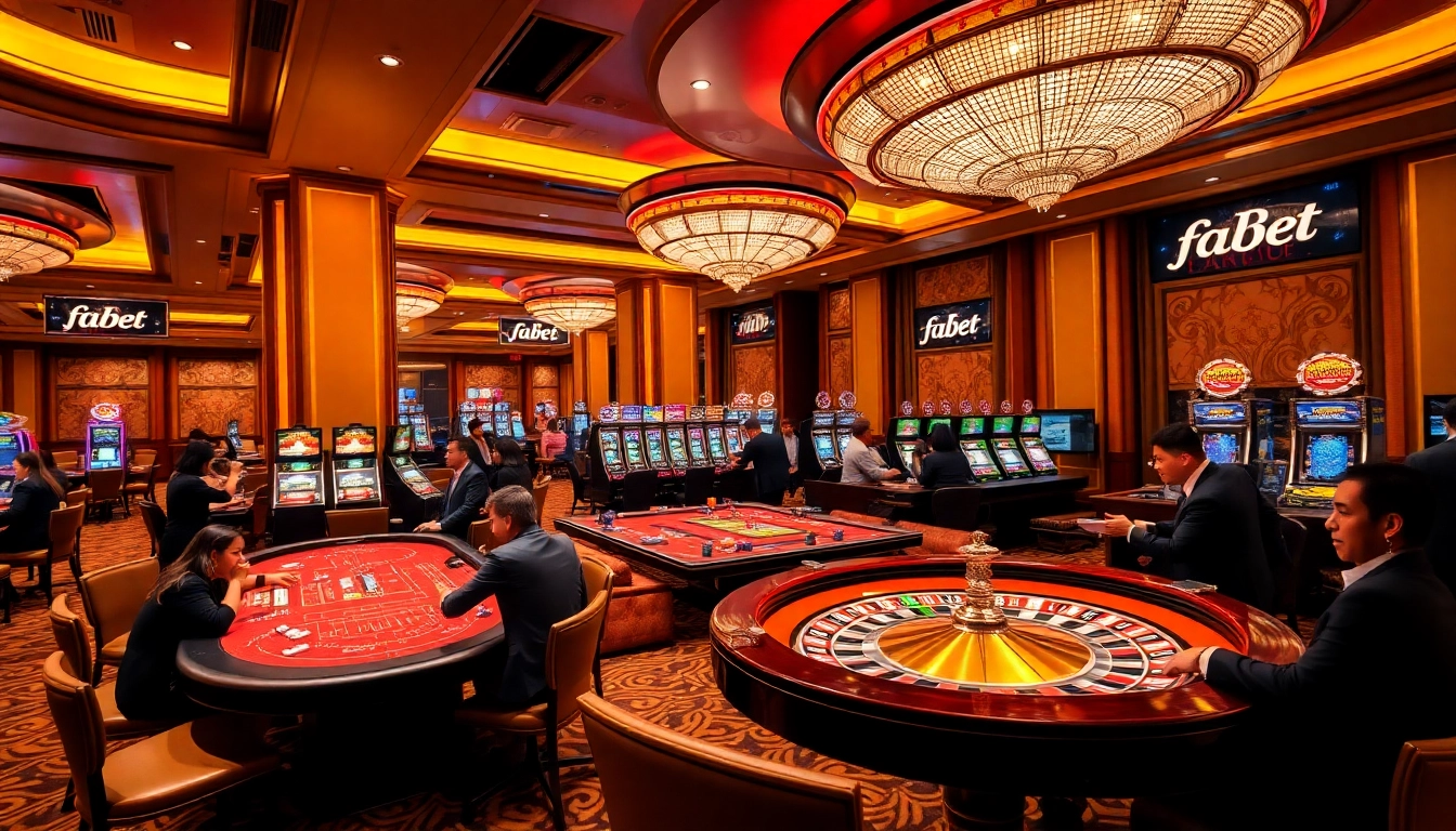 Players engaging in lively betting at Fabet’s luxurious casino tables.