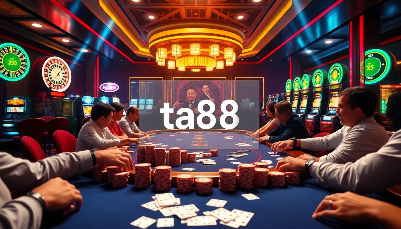 Players engaging in a thrilling poker game at ta88 casino, with vibrant chips and cards displayed.