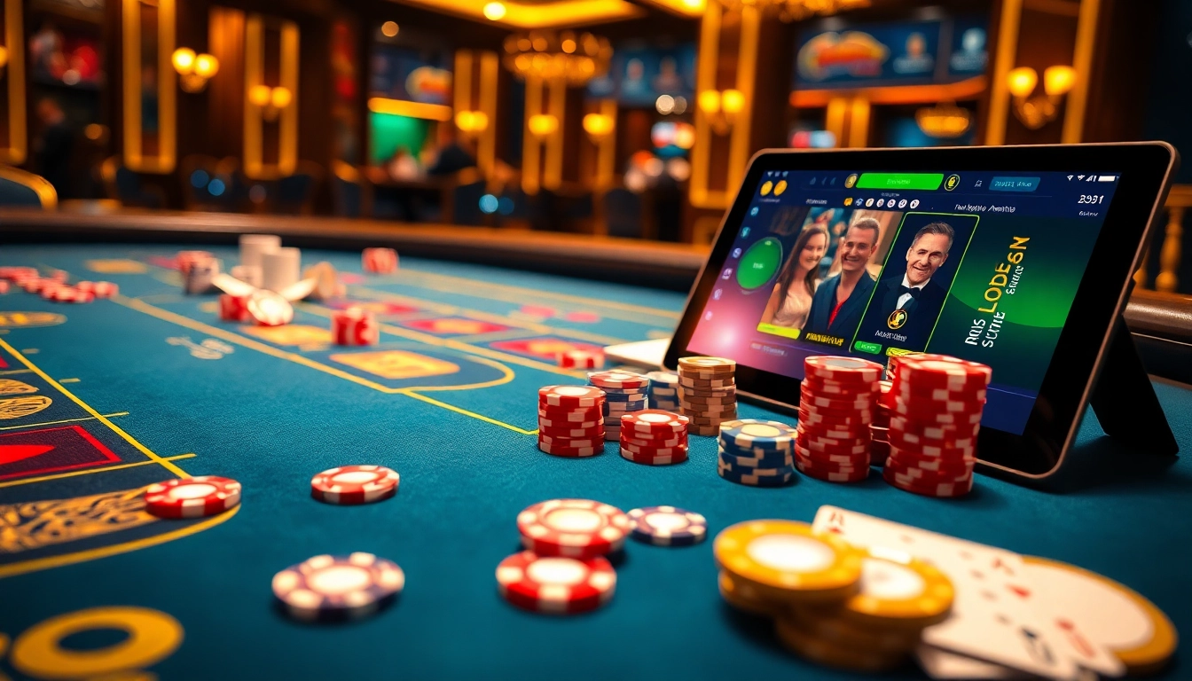 lode88 players engaging with colorful chips and stylish cards at a high-end casino table