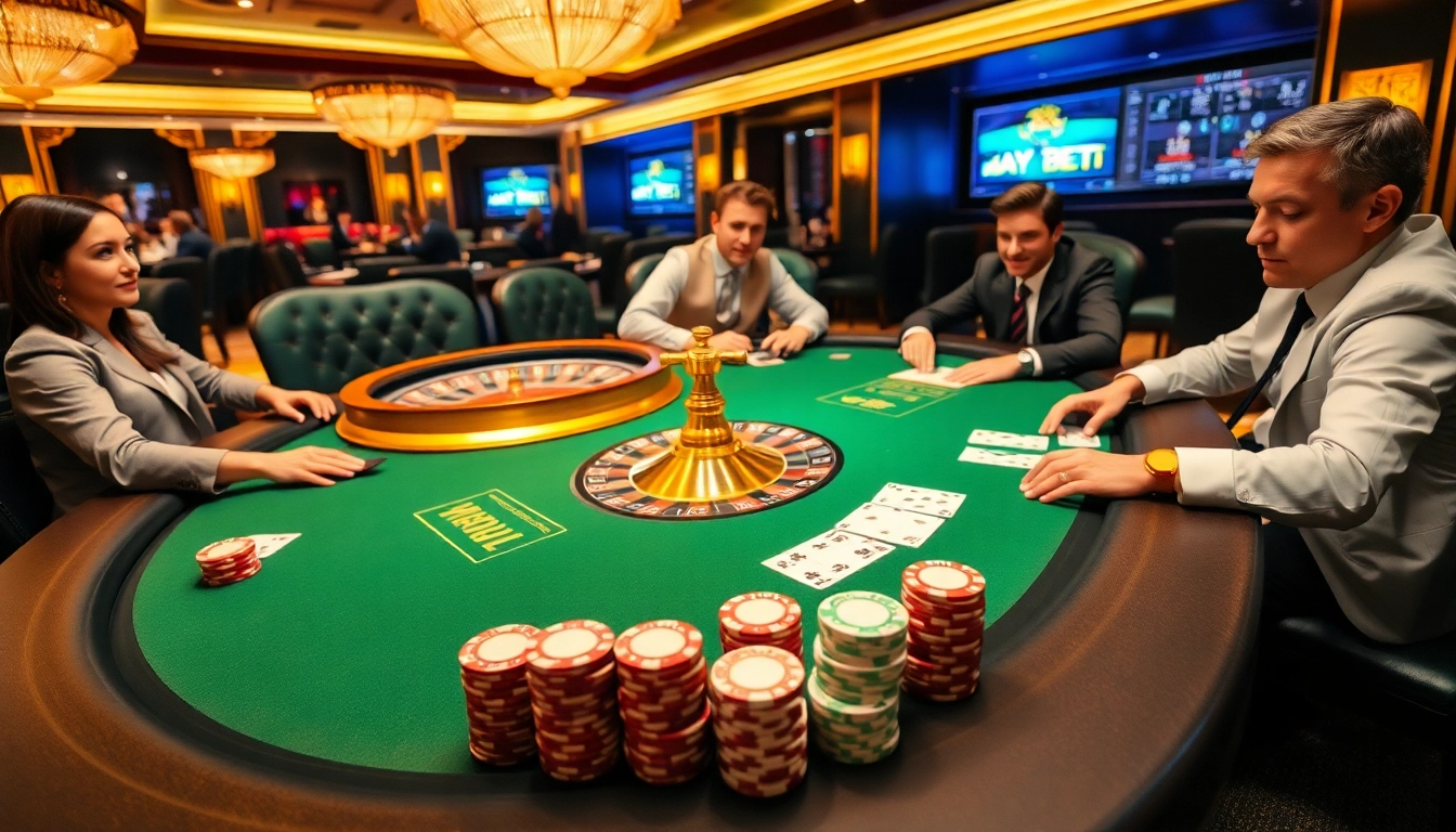 Experience the thrill of HAYBET at a luxurious casino poker table with vibrant lights and polished chips.