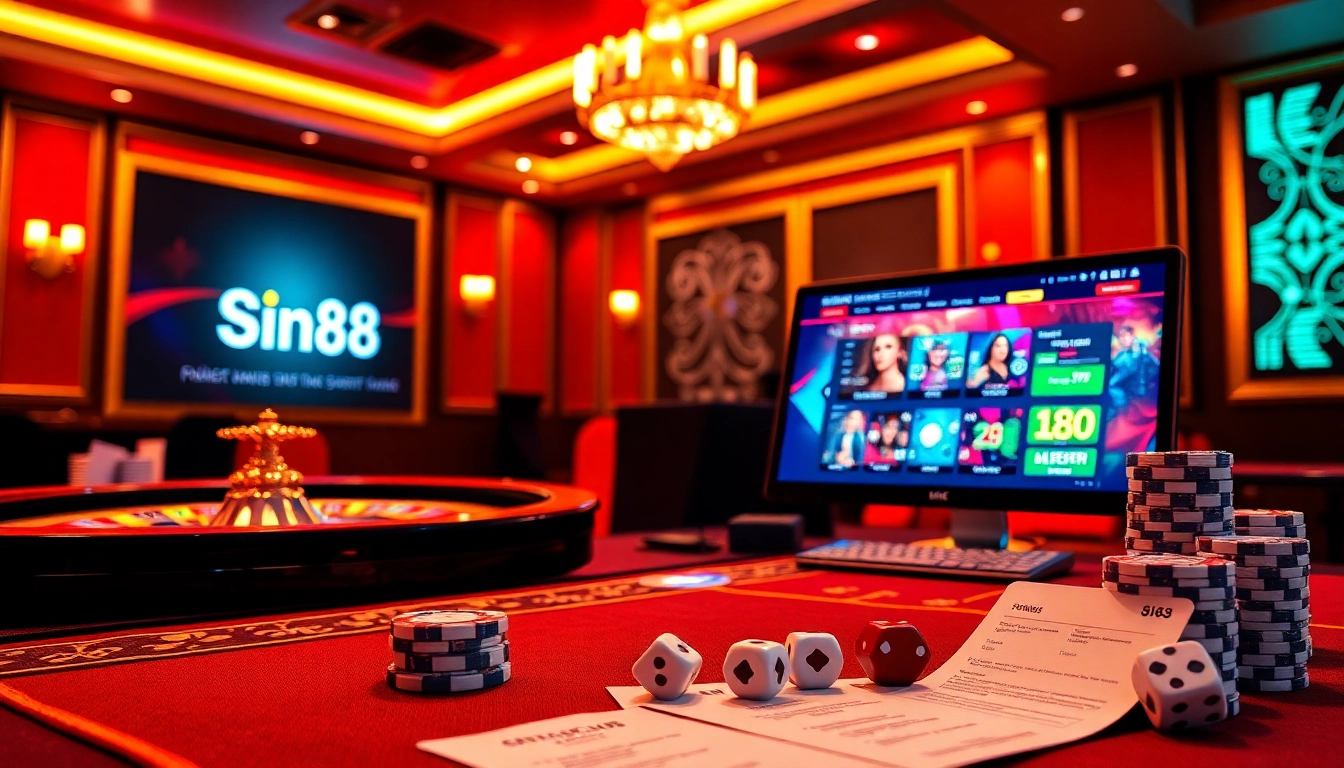 Experience thrilling online gaming with Sin88's vibrant casino landscape featuring stylish tables and colorful chips.