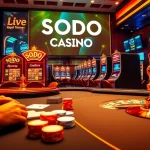SODO CASINO gaming table with vibrant poker chips and roulette wheel, showcasing an exciting atmosphere.
