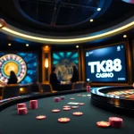 Engaging scene at TK88 Casino with vibrant poker table and roulette wheel emphasizing a thrilling gambling experience.