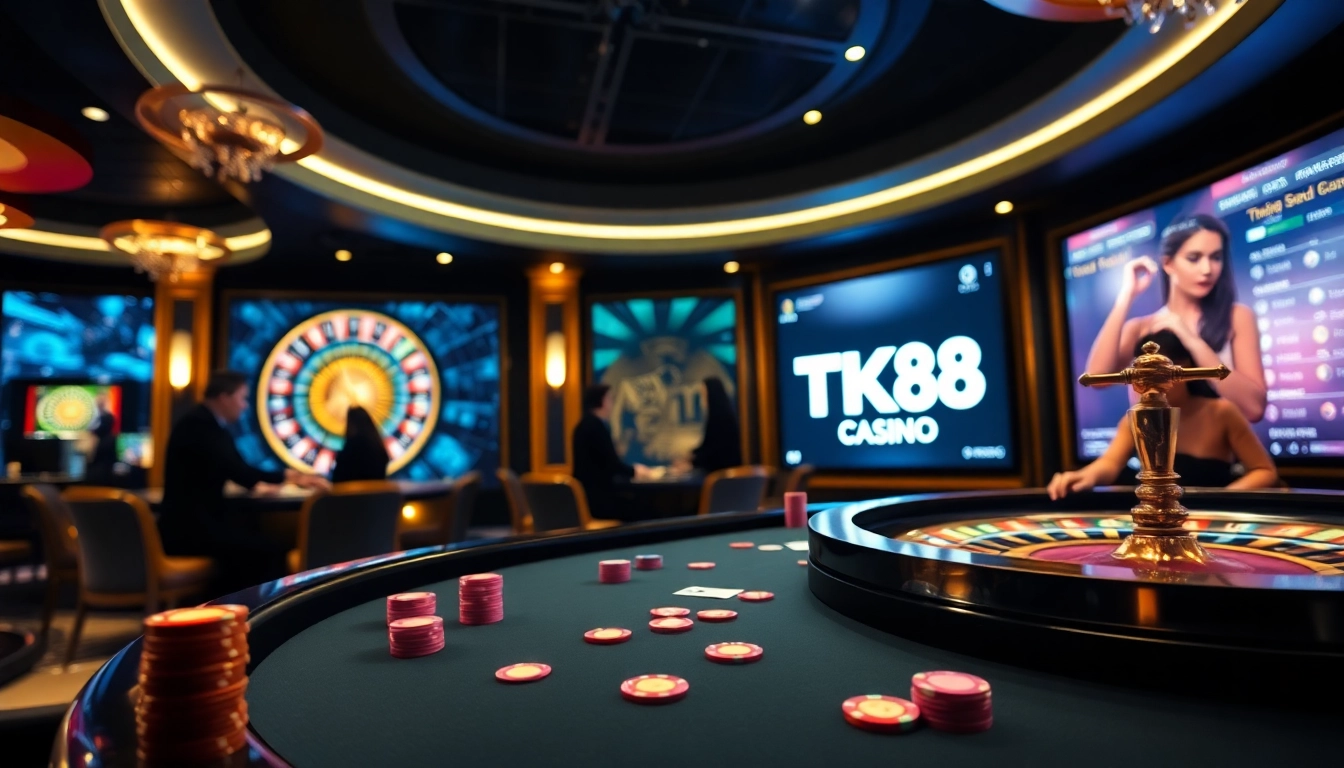 Engaging scene at TK88 Casino with vibrant poker table and roulette wheel emphasizing a thrilling gambling experience.