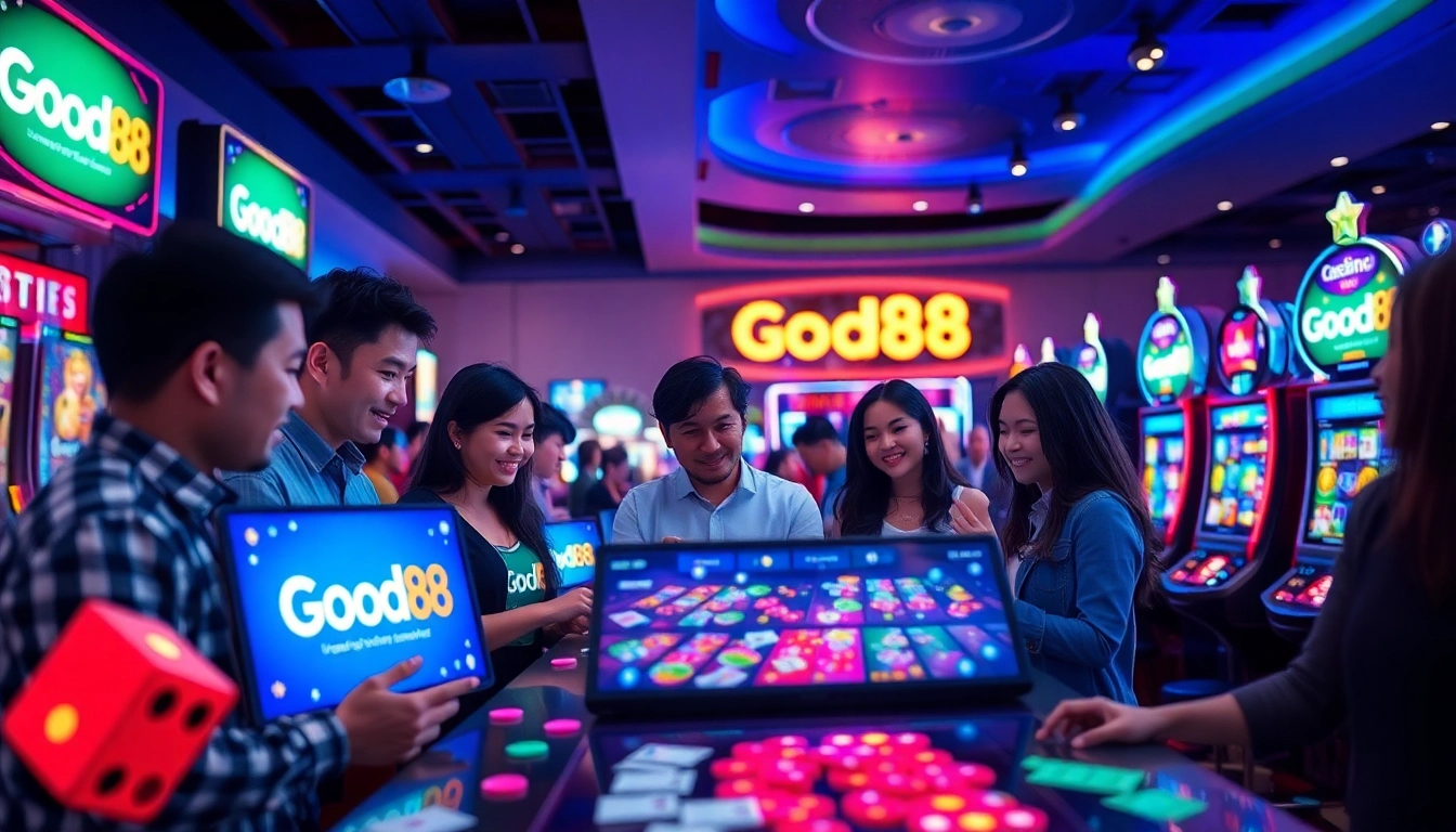 Experience the excitement of online gaming at good88.hu.net with diverse players enjoying vibrant casino elements.