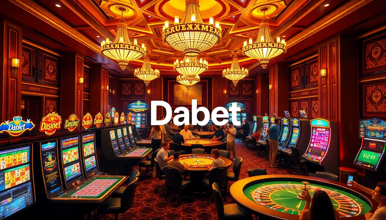 dabet offers an exciting gambling experience with vibrant slot machines and poker tables in a luxury casino setting.