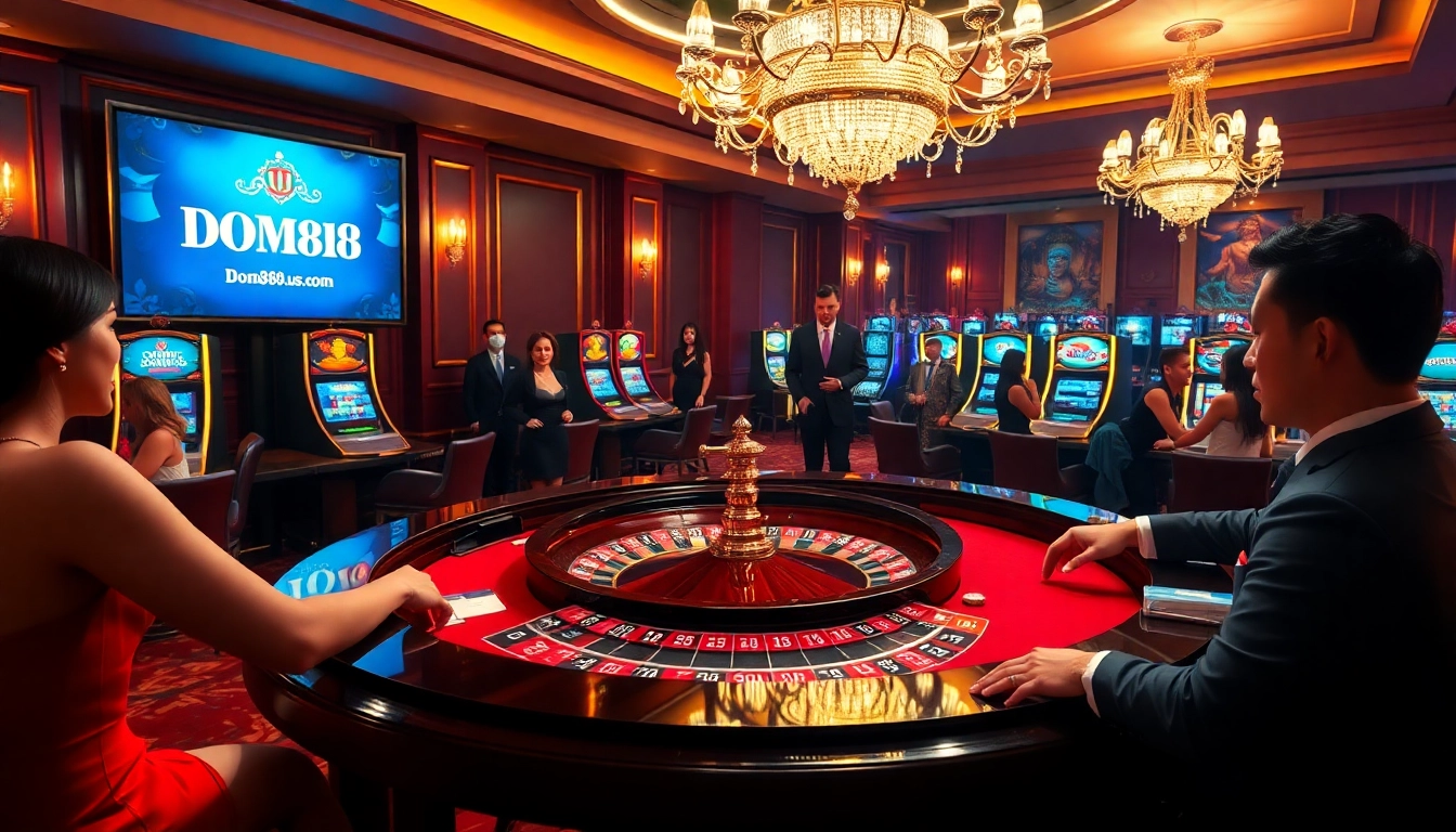 The excitement of gambling at dom88.us.com with lively players at a roulette table in a luxurious casino setting.