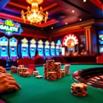 An exciting gambling scene featuring players at a poker table and vibrant slot machines at https://11win12.com/