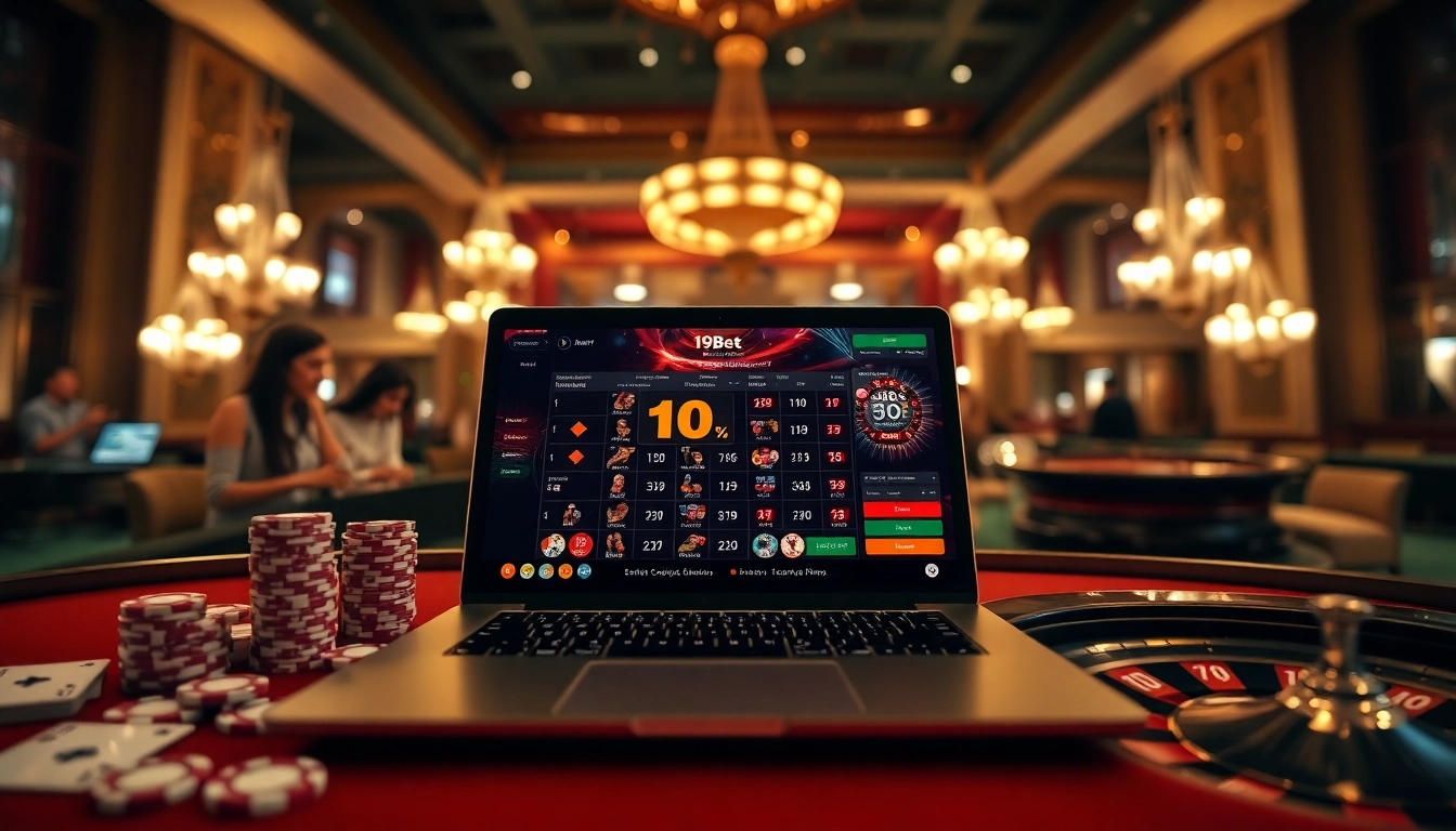 i9bet casino excitement with poker chips, roulette wheel, and a vibrant online gambling interface