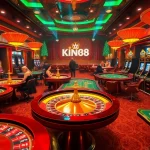 king88 casino players engaging at roulette and poker tables in a luxurious online setting.