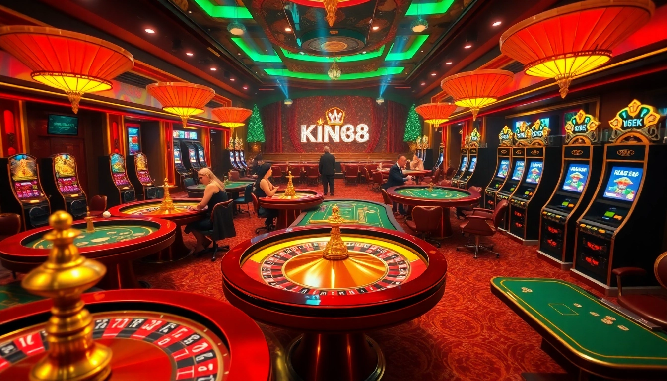 king88 casino players engaging at roulette and poker tables in a luxurious online setting.