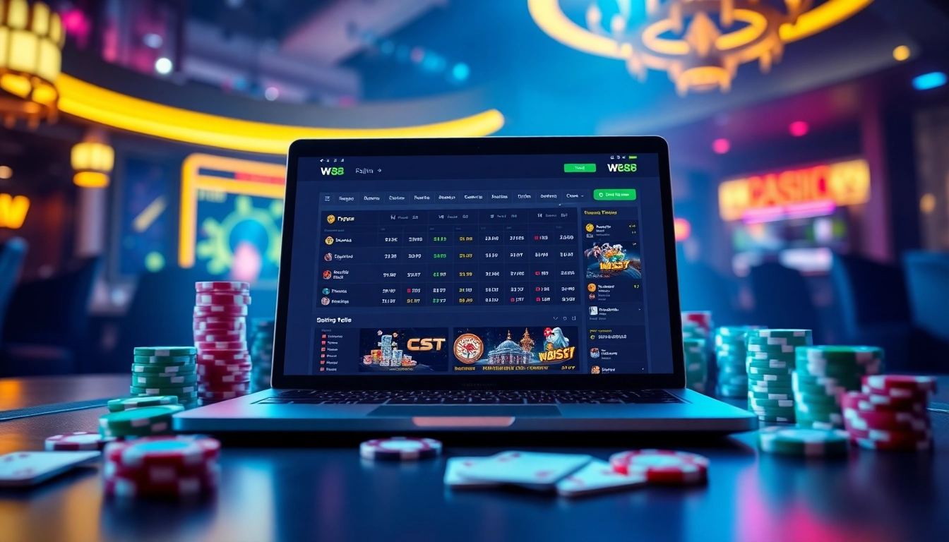 W88.nyc online betting excitement with a sleek digital interface, vibrant gaming elements, and a luxurious atmosphere.