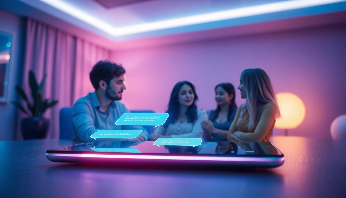 Engaging interface of sex chat AI with diverse avatars in a modern setting.