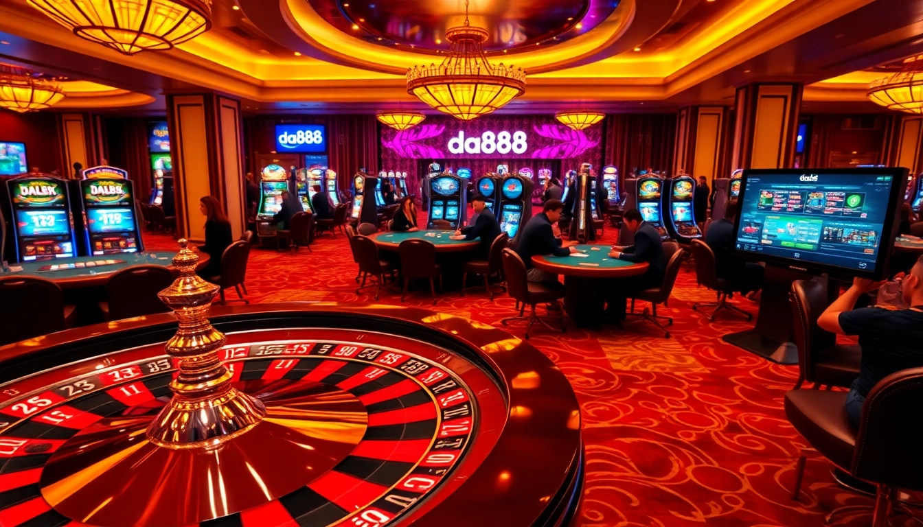 Experience the excitement of gambling at da88 with roulette and poker tables in a luxurious casino.