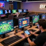 Players immersed in BK8 gaming experience with vibrant graphics and modern lounge.