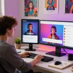 Engaging user chatting on Crushon AI platform at a modern home office desk.