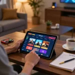 Engaging with Rikvip's gaming interface on a tablet in a cozy setting.