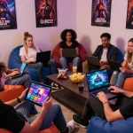 Engaged adults playing a sex game on various devices in a cozy lounge setting