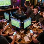 SHBET players engaging in an exciting sports betting atmosphere at a lively venue.