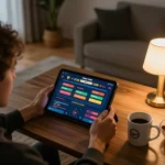 Engaging player exploring VMAX COM betting interface in a cozy home gaming setup