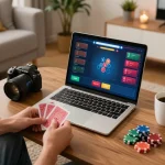 Engaging in real-time Hbet online poker game on a laptop, with cards and chips displayed, in a cozy home environment.
