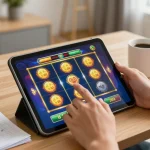 Situs slot gacor gameplay featuring a player winning on a tablet with bright visuals.