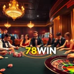 Excited players at 78WIN poker table in a luxurious casino setting.