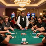km777 players competing in luxurious poker tournament with focused gameplay and elegant casino backdrop