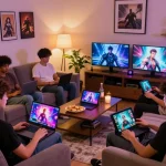 Players enjoying vibrant porn games set in a cozy gaming room, showcasing diverse characters and engaging visuals.