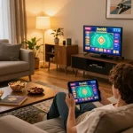 Engaging in online gaming with Net88 on a tablet in a cozy living space.