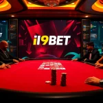 Players enjoying poker at an I9BET branded casino table, highlighting excitement and professionalism.