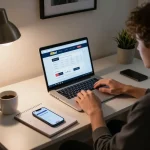 Person engaging with the 188bet platform on a stylish desk, showcasing online gambling at home