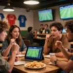 Exciting sports betting at Nowgoal with diverse fans discussing live football scores and odds in a vibrant bar setting.