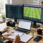 Tỷ lệ kèo nhà cái hôm nay displayed on multiple screens during a sports betting analysis session