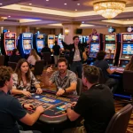 Players enjoying games at the hit club casino floor, surrounded by vibrant slot machines and excitement.