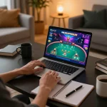 Engaging with SHBET online casino through a laptop at home, showcasing a stylish gaming environment
