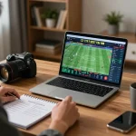 Tỷ lệ kèo nhà cái hôm nay shown on a laptop during focused sports betting session at home.
