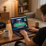 Player engaging in a live casino game at HDBET while enjoying snacks in a cozy home setting
