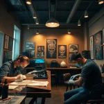 Dynamic tattoo artists at work in a vibrant studio ambiance, showcasing https://89bet.tattoo/ designs.