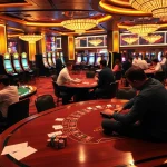 Bangsawan88 casino scene with players in action at poker tables and vibrant slot machines.