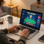 Player engaging with the SHBET online poker game on a sleek laptop in a cozy home environment.