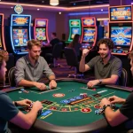 Exciting gem88 online gaming scene with players engaged in baccarat, vibrant graphics, and neon lights.