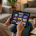 Engaging with the kk55 app on a tablet for online gaming in a cozy living room setting
