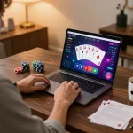 Player analyzing poker strategies with f8betz gaming setup in a stylish home office environment