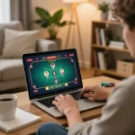 Player enjoying online poker gaming with pucuk138 in a cozy living room setting